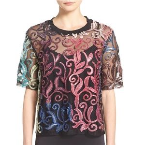 Clover Canyon Rainbow Sequin Embroidery Short Mesh Blouse Top Size Medium